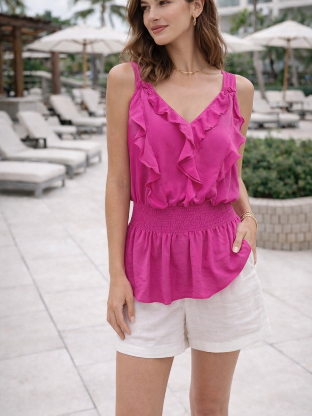 Rebecca Taylor 100% Silk Pink Ruffle Blouse Top Boho Feminine Elastic Waist S